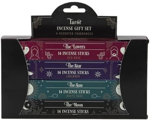 Mystisches Räucherstäbchen-Geschenkset mit Tarotkarten-inspirierten Räucherstäbchen, 4 Packungen, rote Rose, schwarzer Opium, grüner Tee, Lavendelduft, Vorsicht für sicheres Brennen, perfekt für EIN