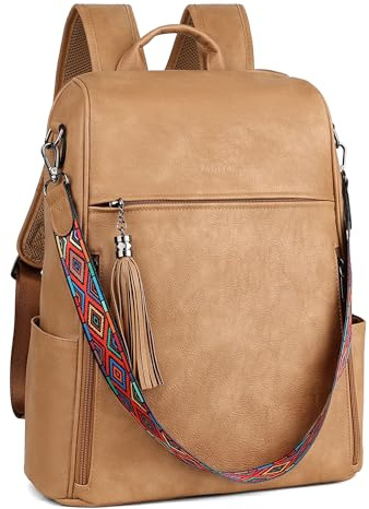 FADEON Grand sac à dos pour femme en cuir synthétique pour ordinateur portable, Style rétro marron camel, Large (15.5-in Height), Sacs à dos pour ordinateur portable