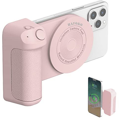 HAFOKO Magnetic Smartphone CapGrip Camera Phone Hand Grip Charging Holder Photo Phone Stand 10W Wireless Charging Stand with Bluetooth Wireless Control Compatible for iPhone Samsung Video-Pink