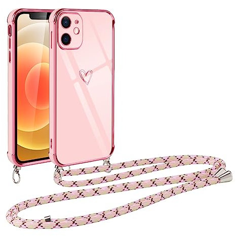 Vauki Cover con Cordino per iPhone 12 Mini, Carina Motivo Cuore Custodia con Collana, Antiurto Ultra Silicone TPU Morbida e Sottile Catena per Cellulare Case per iPhone 12 Mini 5.4, Rosa