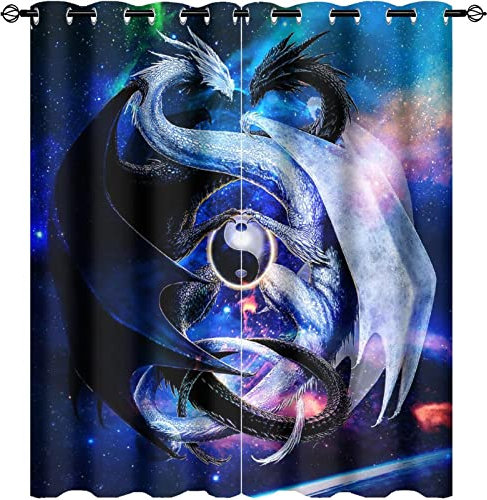 INSFBRB Coole japanische Drachen-Vorhänge für Schlafzimmer – Fantasy-Galaxie-Wolke, schwarz-weißer Drache, Yin-Yang-Fenstervorhänge, energiesparend, Verdunkelungsvorhänge, 2 Paneele (L x B)