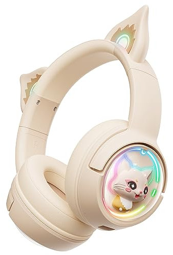PHNIXGAM Cute Cat Bluetooth Headphones, Wireless & Wired Mode Headset with Mic, RGB LED Light, for Girls Women School Gaming, Compatible with Mobile Phones PC Tablet, Beige