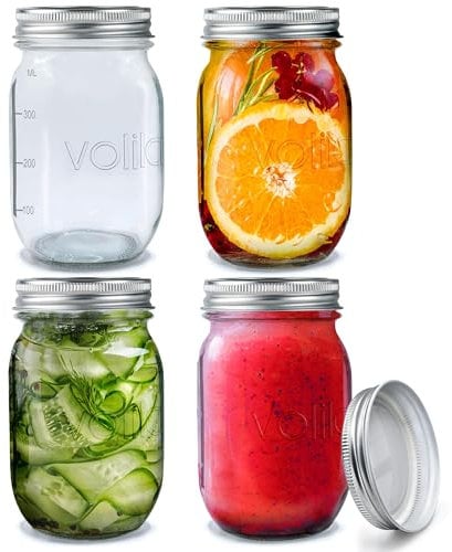 Volila Tarros De Cristal Con Tapa - 490ml Mason Jars Frascos De Vidrio Pack de 4 - Botes Pequeños para Avena Nocturna y Mermelada Casera