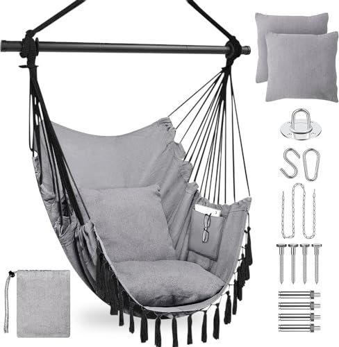 Silla Colgante con 2 Cojines y Bolsa - Silla Hamaca Colgante de Carga 330lbs para 2 Personas Adultos y niños, Mecedora, Hamacas Jardin Portátil para Interior y Exterior, Balcón (Gris Claro)