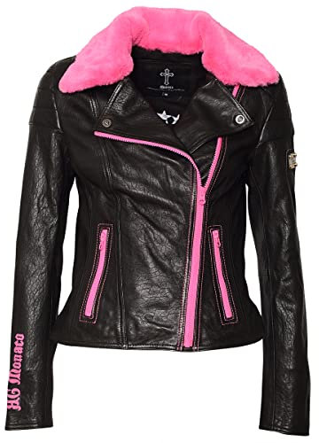 Roberto Geissini ALLA Damen Lederjacke - schwarz tailliertes Design - Kragen + Reißverschluss pink - RG Monaco Schriftzug - black-pink Größe 40