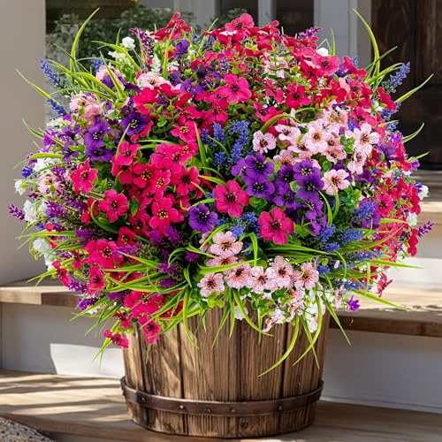 AXYLEX Artificial Flowers for Outdoor, 16 Bundles of Artificial Plants (Multi 16) | UV Resistant Plastic Fake Flowers, Non-Fading Artificial Green - Garden, Patio, Porch and Home