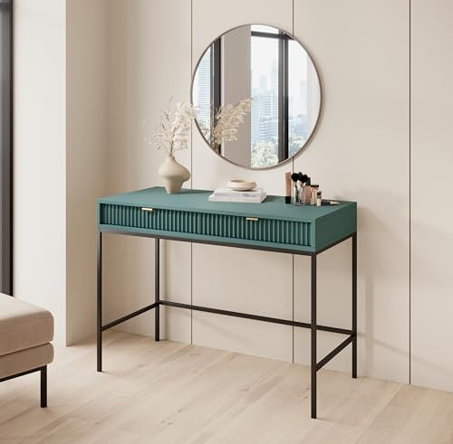BETTSO - Nova T-104 - Konsolen - Schminktisch - Beistelltisch - Kommode - Deko Wohnzimmer - Wohnzimmertisch - mit 2 Schubladen - Geriffelt, Schmal - Glamour - Grün - mit goldenen Griffen