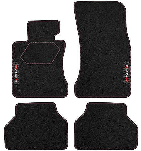 MOTOS Personalisierte Velours-Fußmatten Carbon Series passend für BMW 5er E61 2003-2010 - Premium, Carbon, Rot Frischen Sie den Look Ihres Autos mit Velours-Fußmatten im hochmodernen Carbonfaser-Desig