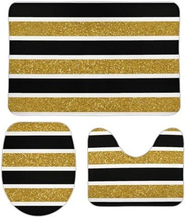 3-Teiliges Badteppich-Set Faux-Gold-Glitzer-Weiße Und Schwarze Streifen Waschbar U-Förmigen Contour Matte Anti-Rutsch Wc-Deckelbezug Shaggy 3 TLG Plüsch Anti-Rutsch Badteppich Set