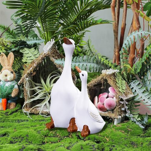 Voyyphixa Weiße Gans Deko Garten Entenmutter und Entenküken Hoflandschaft Gartenstatue Ornament Garden Statue Outdoor Garten Gartendeko Hinterhof Rasen Pfähle (Klein)