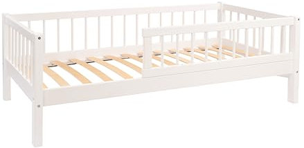 Alije Kinderbett Bett mit Rausfallschutz 90x160 Weiß NINA Lattenrost Bettgestell aus Kiefer Holz für Haus Kinder Jungen & Mädchen - Holzbett Baby Kinderzimmer Junge Deko