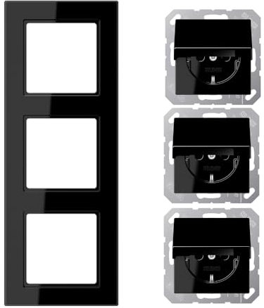 Jung Schuko Set Schwarz Serie A AC583SW Rahmen 3-fach + 3x A1520KLSW SCHUKO® Steckdose mit Klappdeckel