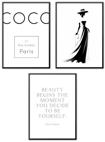 MJ-GRAPHICS® Bilder Fashion, Mood Poster Coco, Pinke Bilder Lifestyle, Wandbilder Schlafzimmer, Poster Mädchen Zimmer, Bilder Wohnzimmer 3xA4, Poster & Kunstdrucke, Elegante Bilder Blume ohne Rahmen