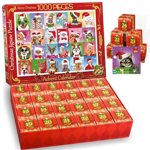 Geebiiny Puzzel Adventskalender 2024 Frauen Männer über Hund Und Katze Emoticon Puzzle 1000 Teile Erwachsene Weihnachtskalender 2024 Weihnachten Geschenke Für Männer Frauen Adventskalender Hund Katze