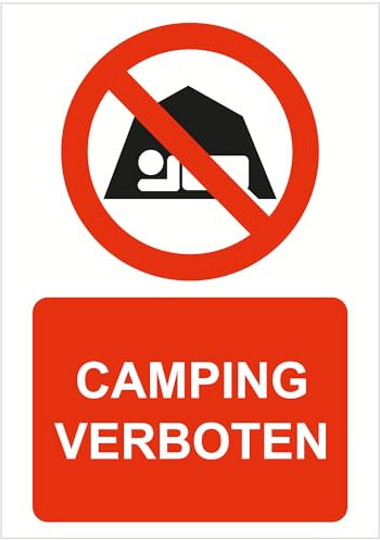 INDIGOS UG Panneaux en aluminium composite - Sécurité - Avertissement - Camping interdit - 148 x 210 cm - Hôtel, entreprise, protection, KITA, médecin, cabinet, appartement