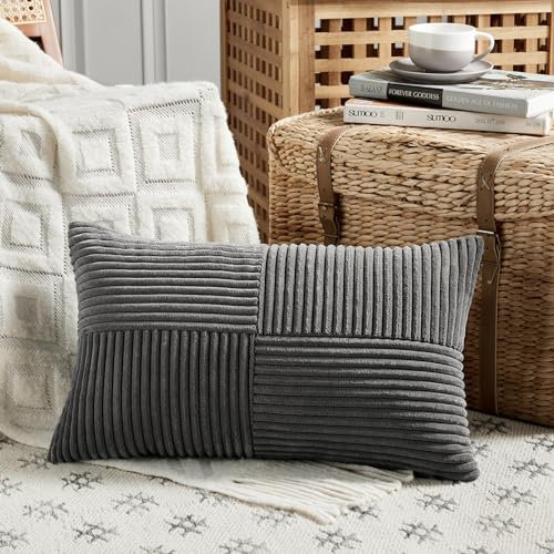 FDTERN 1 Stück Dunkelgrau Kissenbezug 30x60 cm Weich Kordsamt Kissenbezüge Kissenhülle Dekokissenbezug Sofakissen Dekokissen Boho Deko für Sofa Schlafzimmer Wohnzimmer Balkon (Ohne Kissenfüllung)