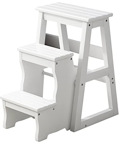 GXXINGIN Chaise échelle Pliante en Bois Massif à 3 marches, escabeau Portable en Bois, Chaise Pliante Convertible, escabeau, présentoir pour Adultes, Bureau, Maison, Cuisine, extérieur (Blanc 64 cm (