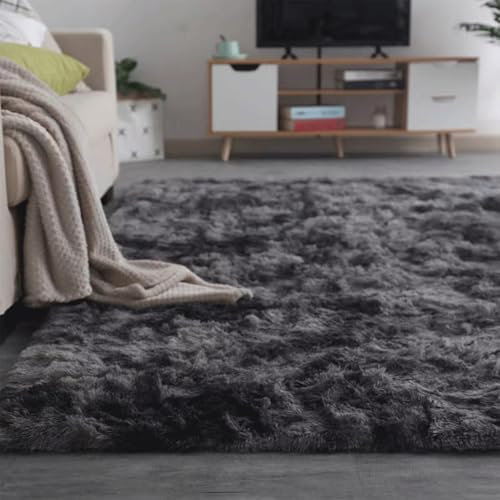 Genérico Alfombra Lavable de Lana para Salón, Dormitorio y Habitación Infantil - Pelo Largo, Muy Suave, Antideslizante, Moderna - Dark Gray, 60x90cm