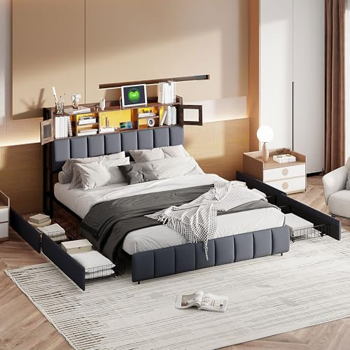 LONELYO Polsterbett 140x200 cm mit LED-Beleuchtung, Doppelbett mit 4 Schubladen, Kopfteil mit Fenster und USB-Ladefunktion, Gepolstertes Bettgestell Jugendbett, Stoffbett in Dunkelgrau, Ohne Matratze