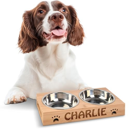 Personalised Dog Bowls - Large Engraved Feeding Station - Bamboo Double Stainless Steel - Suitable for Large, Medium, Small Dogs