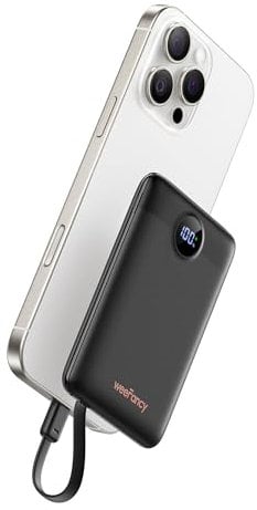 Power Bank Fast Charging PD 22.5W WeeFancy 10000mAh Portable Charger With Built in Cables Small Battery Pack USB C with 3 Outputs & 3 Inputs Mini Powerbank Compatible with iPhone Samsung (Black)