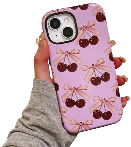 EYZUTAK Case for iPhone 15, Cute Red Cherry Pink Bow Phone Case Glossy Stylish Aesthetic Pattern Slim Soft Durable TPU and Hard PC Shockproof Protective Bumper Phone Cover for Women Girls-Cherry Bow