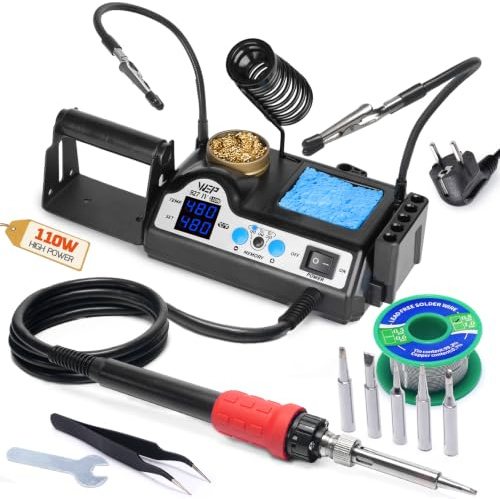 WEP 927-IV V2 Kit Saldatore a Stagno 110W con 3 Canali Preimpostati, Modalità Sleep, 5 Punte per Saldatura Extra, Pulitore per Punte, 2 Mani Ausiliari, Solder Wire, Pinzette (EU Plug)
