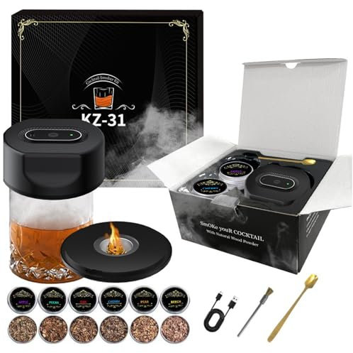 Fumoir à whisky électrique avec 6 jetons en bois, fumoir à cocktail rechargeable, cadeau pour hommes, pères et maris pour un anniversaire, Noël ou un anniversaire