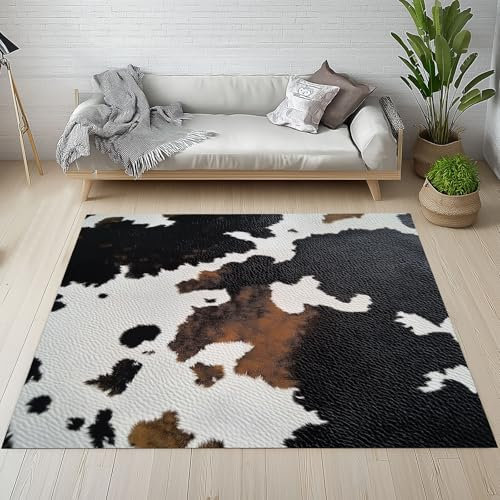 Sshjfeu 3D Rindsleder Teppich 100 X 150 cm, Kuhfell Bauernhoftier Teppich Waschbar rutschfest Kurzflor Weich, Western Bauernhaus Teppiche für Schlafzimmer, Wohnzimmer, Esszimmer, Kinderzimmer