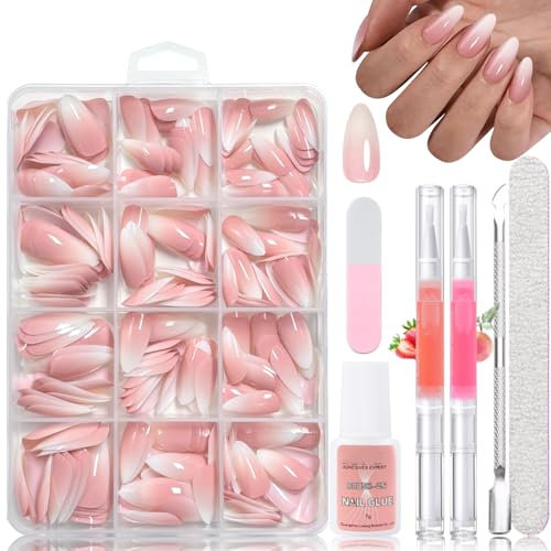 240 Stück Falsche Nägel Zum Aufkleben, Mandel Rosa Gradient Medium Künstliche Fingernägel - Nagel Tips Set mit 2 Pcs Nagelöl Stift - Fake Nails mit Kleber für Frauen (Mandel Rosa Gradient)
