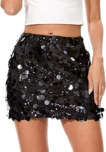 Black Sequin Skirt, Stretchy Bodycon Mini Skirt for Night Out Party