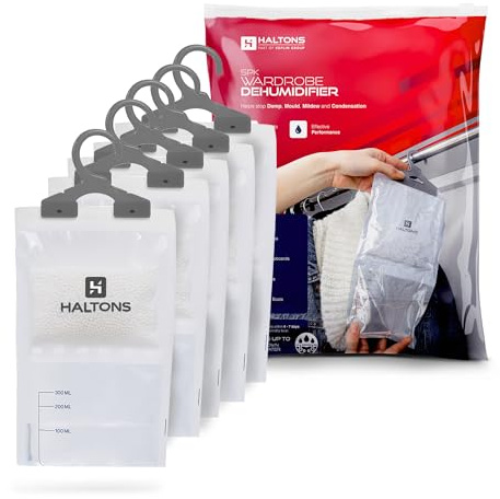 Haltons Moisture Absorber Dehumidifier – Condensation Remover for Damp, Mould, Home, Wardrobe, Kitchen, Bathroom, Basement, Garage, Bedroom, Caravan, Office - 5 Pack /210g each