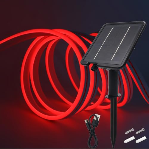 Wisada 24V Solar Neon Band,Solarbetriebene 8 Modi SMD2835 LED Stripe，Cuttable 5cm,120LEDs/m Flex Neon LED Streifen für Terrasse, Innenhof(Rot,5m)