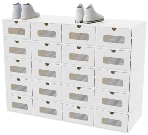 AufuN Schuhboxen aus Kraftpapier mit Deckel & Transparent Sichtfenster, Praktische Schuhaufbewahrung Aufbewahrungsbox Stauraum Organizer für Schuhe (Weiß, 20 Stück)