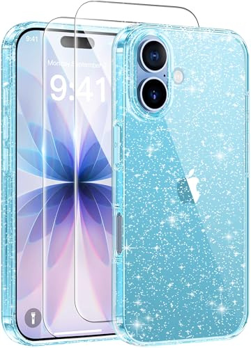 AROYI 3 in 1 Clear Glitter Case Compatible with iPhone 17 Case with 2 Tempered Glass Screen Protector, Soft Bumper Anti-Scratch Sparkle Bling Women Girls Phone Case for iPhone 17 6.3, Blue