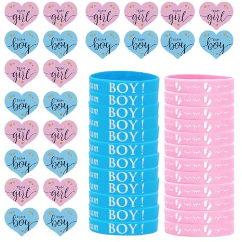 YAZWUR 24 Pcs Adesivi, 24 Pcs Braccialetti Team Girl o Boy Decorazioni Gender Reveal Party per Baby Shower, Festa per Bambini (Rivelazione del Genere, Decorazioni per Festa del Bebè)