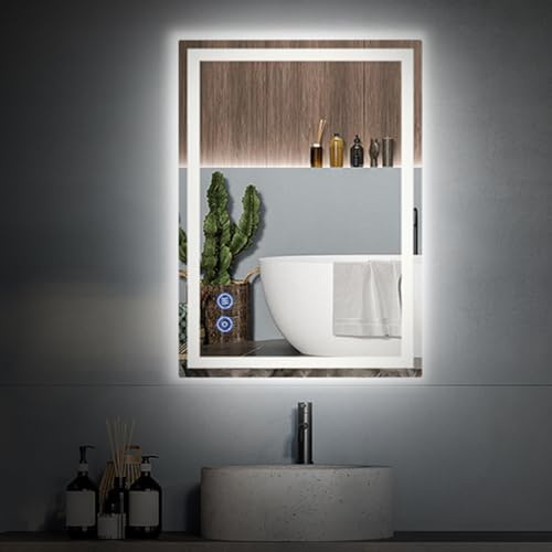 SANYCASA Badspiegel 60x80cm mit LED-Beleuchtung, Beschlagfrei, 3 Lichtfarben dimmbar per Touch, mit Speicherfunktion & Auto-Abschaltung (2 Std) [Energieklasse E]