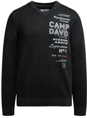 Camp David Herren Pullover V-Neck mit Logo Print und Tapes Black, XXXL