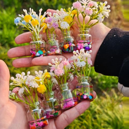 KARLOR Set of 10 Mini Glass Vases Set with Artificial Flowers and Shell Decoration Craft Miniature Vases Plastic Flowers Mini Table Decoration Computer Desktop Decoration Ornaments Car Dashboard