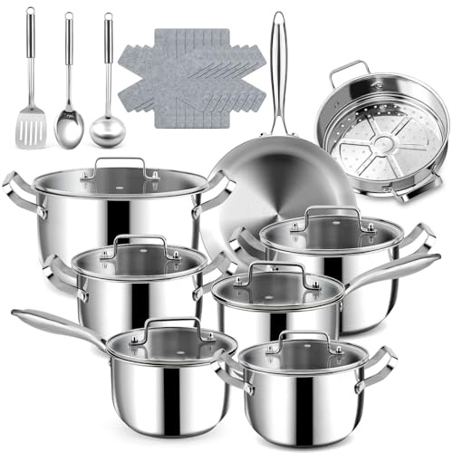 Edelstahl Topfset - 24-teilig Kochgeschirr-Set mit Glasdeckeln - 30 cm Bratpfannen & Kochtopf(18/20/22/26CM) - Ergonomische Nietengriffe, Profi-Qualität für alle Herdarten
