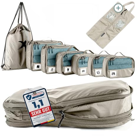 SEESCHWALBE Packing Cubes Compression | 8-teilig | Premium Packwürfel kompression als ultraleichte Rucksack Organizer oder Koffer Organizer | inkl. Schuhbeutel (beige)