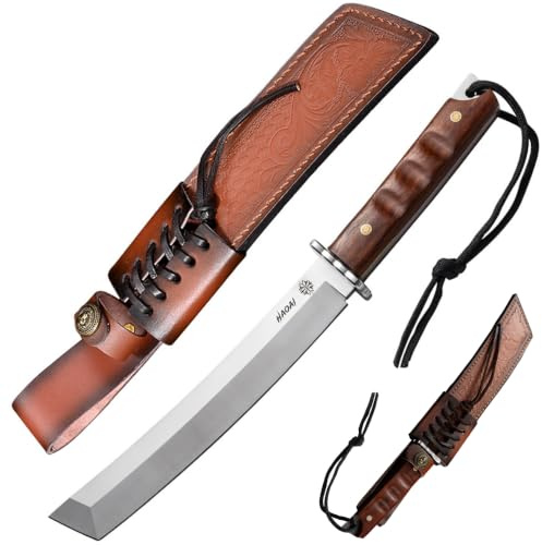 HAOAI Japonais tanto Couteau d'extérieur avec étui en cuir Manche en bois couteau de survie tranchant forgé d'une seule pièce pour le Camping et la Survie (M390)