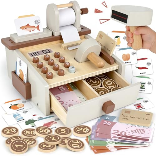 Kaufladen Zubehör Holz Kasse Spielzeug, Holzspielzeug Kasse für Kinder | Kinderkasse mit Scanner Spielgeld, Spielkasse aus Holz, Registrierkasse Rollenspiel Geschenk Mädchen Jungen 3 4 5 Jahre