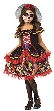 Rubies Déguisement Catrinita Deluxe pour fille, robe noire en tulle rouge, motifs crânes et bandeau de roses avec voile, original pour Halloween, Noël, carnaval et anniversaire