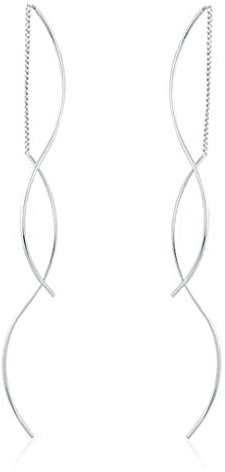 Reffeer Ohrringe aus massivem 925er-Sterlingsilber, doppelt linear, gebogen, mit Quasten, Einfädler, baumelnde Ohrringe, perfekt für Frauen, Teenager, (A-Silber)