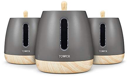 Tower T826031G Kitchen Storage Canisters, Scandi Range, Robust Plastic Body, Anti Slip Base, Matte with Wood Effect Accents, Grey, 3-Piece