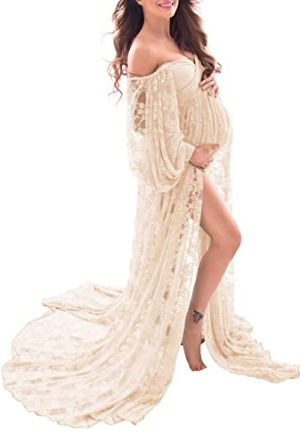Saslax Weiches, dehnbares schulterfreies Umstands-Maxikleid aus Spitze, A-Linie mit doppeltem Schlitz, für Fotoshootings