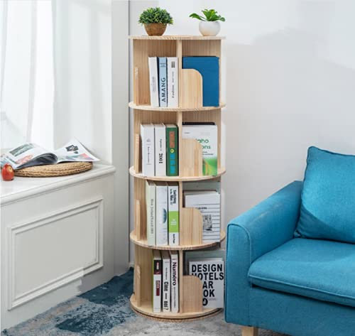 Heehee Libreria rotante con display a 360°, 4 ripiani, libreria da pavimento, per bambini e adulti, in legno massello, organizer per libri (4 ripiani)