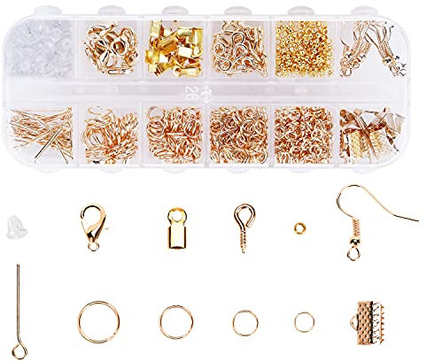 Schmuckherstellung Set, 800 Stücke Schmuck Basteln zubehör Starter Kit mit Sprung Ringe und Karabinerverschluss Ohrringhaken usw, für DIY Bastelbedarf und Reparatur Halskette, Armband, Ohrringe (Gold)