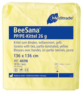 Meditrade Einweg-OP-Kittel – Medizinische Schutzkleidung mit Befestigungsbändern, unsterile Kunststoffkittel, PSA-Medizinkittel, teilweise laminiert und wasserabweisend (Gelb) (100)